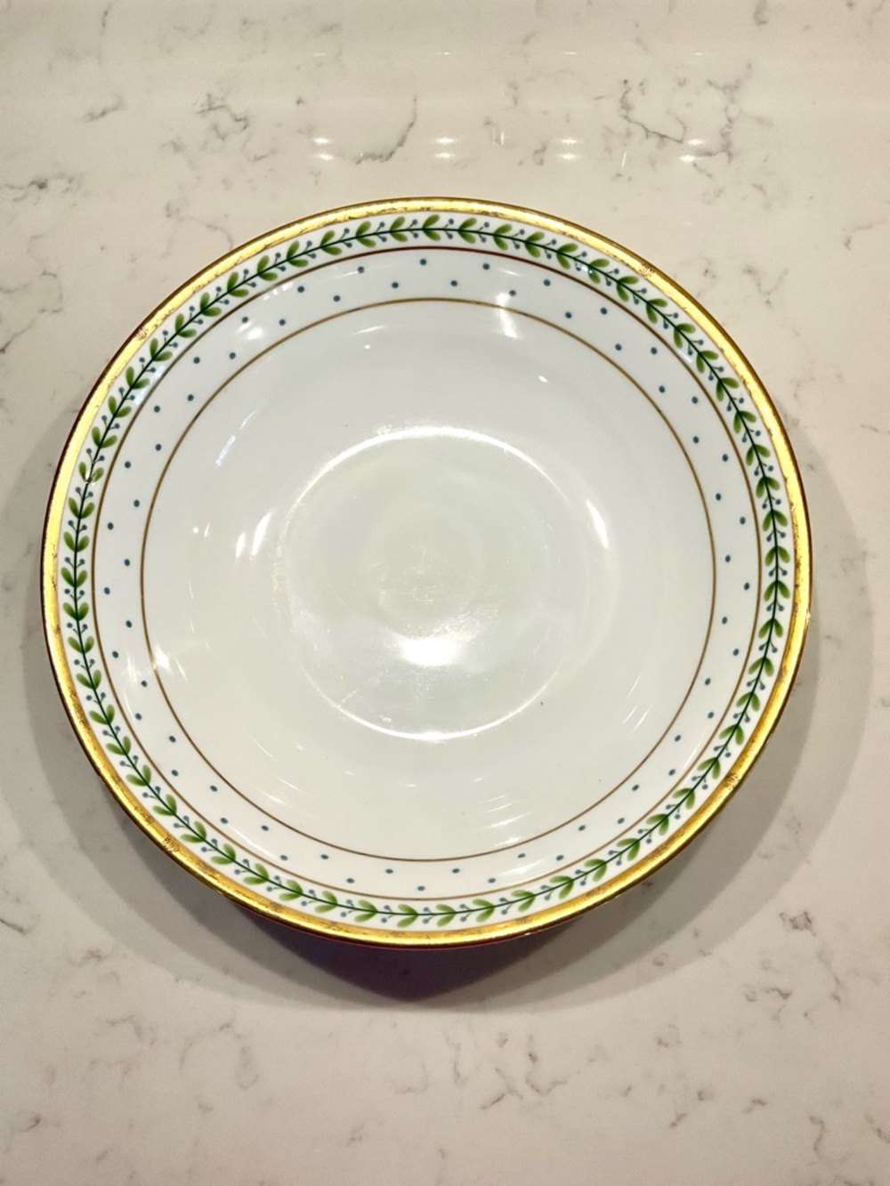 Dior White Porcelain Bowl with Green Vine and Gold Rim